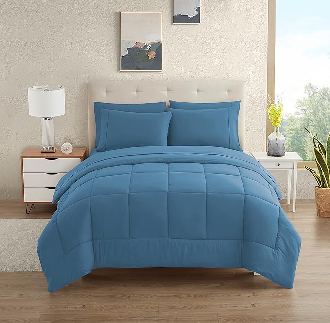 Dorm Room Essentials College Bedding Comforter Set 5 Piece Twin Size Bed in a Bag for College Students Boys and Girls, Twin, Denim Blue - LeafyLoom