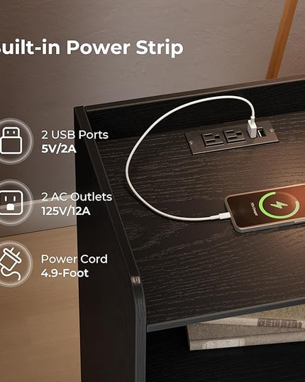 SUPERJARE File Cabinet with Charging Station and LED Light Strips, Drawers, End Table with USB Ports and Outlets, Black - LeafyLoom