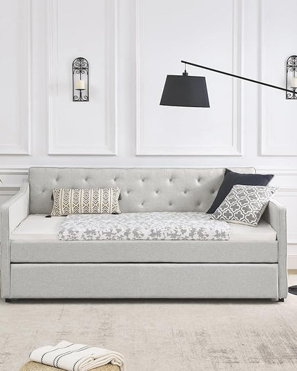 Upholstered Twin Size Daybed with Twin Trundle, Solid Wood Sofa Bed w/Button Tufted Backrest and Waved Shape Arms, for Kids, Living Room, Bedroom, Dorm, No Box Spring Needed, Beige - LeafyLoom