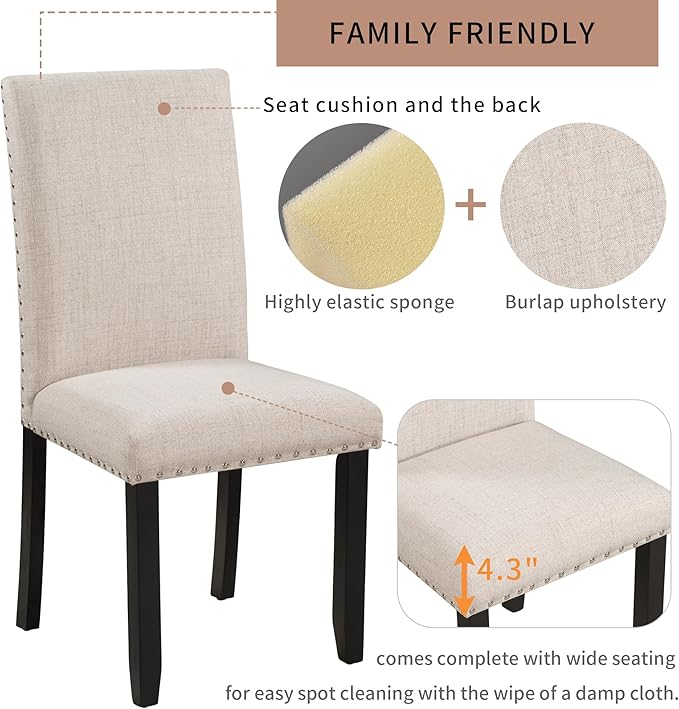 5 Piece Industrial Dinette Sets Wooden Kitchen Dining Table and 6 Matching Upholstered Chairs, for Diningroom Living Room, Easy to Assemble, White - LeafyLoom