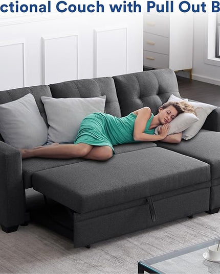 4-in-1 Convertible L Shaped Couch with Pull Out Bed and Storage Sectional Sleeper Sofa with Reversible Chaise for Living Room, Apartment, Bedroom, Office, Charcoal Grey - LeafyLoom
