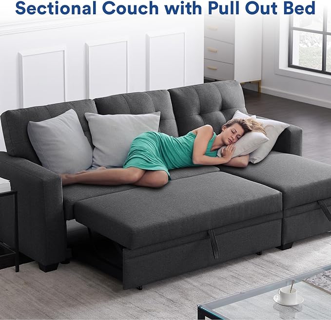 4-in-1 Convertible L Shaped Couch with Pull Out Bed and Storage Sectional Sleeper Sofa with Reversible Chaise for Living Room, Apartment, Bedroom, Office, Charcoal Grey - LeafyLoom