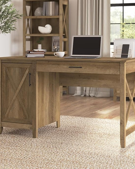 Bush Furniture Key West Computer Desk with Storage | Small for Home Office | Modern Farmhouse, 54W, Reclaimed Pine - LeafyLoom