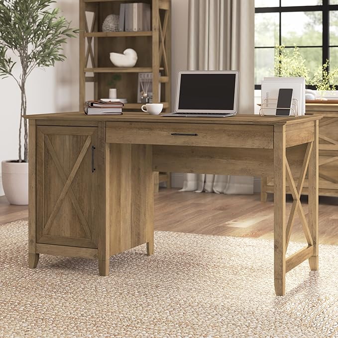 Bush Furniture Key West Computer Desk with Storage | Small for Home Office | Modern Farmhouse, 54W, Reclaimed Pine - LeafyLoom