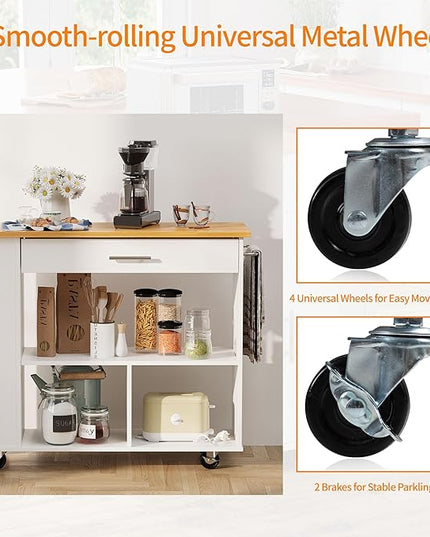 Shintenchi Kitchen Island on Wheels with Large Work Countertop, Storage Island & Cart with 3-Tier Spice Rack, 3 Open Shelves and 1 Drawer, White - LeafyLoom