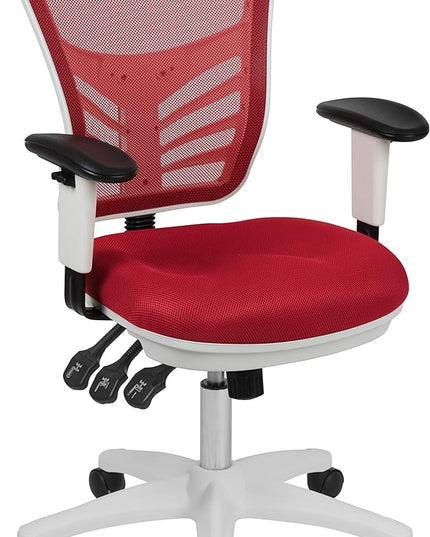 Flash Furniture Nicholas Mid-Back Red Mesh Multifunction Executive Swivel Ergonomic Office Chair with Adjustable Arms and White Frame - LeafyLoom