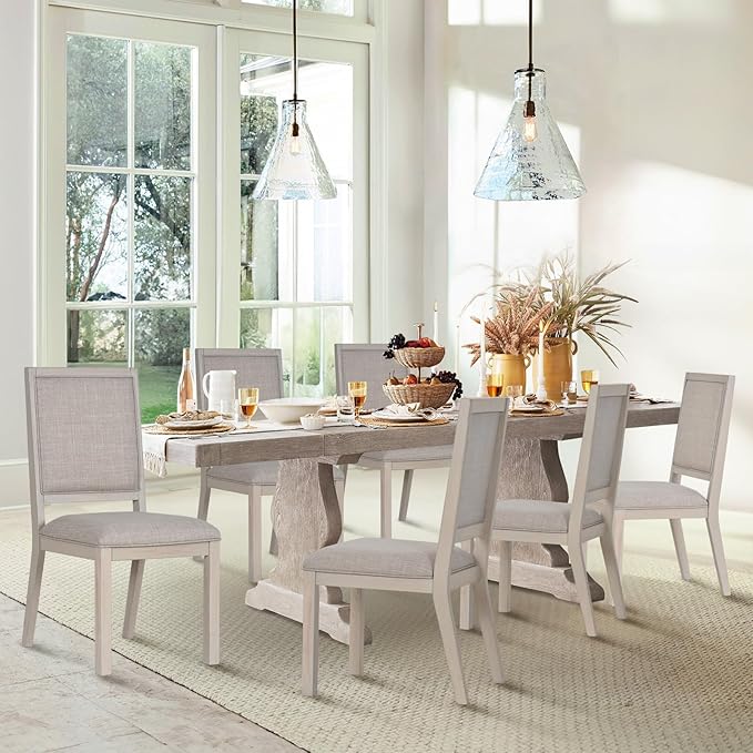 COLAMY Wood Dining Chairs Set of 4, Mid Century Modern Upholstered Kitchen Chairs,19 Inch Fabric Dining Chair with Back for Kitchen Dining Room, Ivory - LeafyLoom