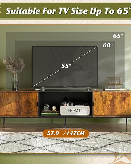 WLIVE Modern TV Stand for 65 Inch TV, Mid Century Entainment Center with Storage, TV Console with Open Shelf and 2 Cabinets for Bedroom and Living Room, TV Cabinet with Metal Legs, Rustic Brown - LeafyLoom