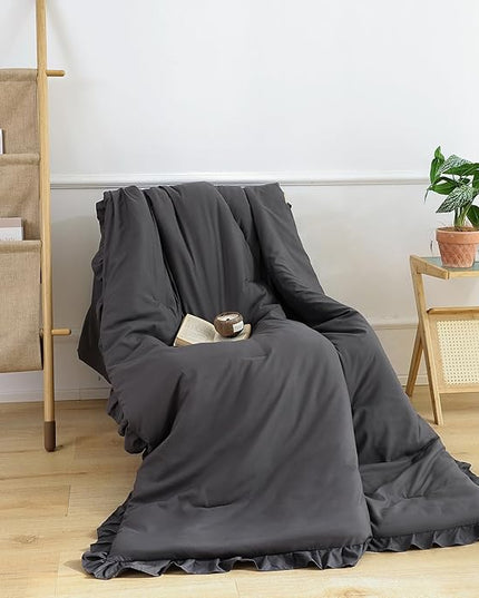 JANZAA Dark Grey Comforter for Queen Size Bed Queen Comforter Set with Ruffles 3PCS (1 Gray Comforter and 2 Pillowcases) Shabby Chic Bedding Comforter Sets Soft Fluffy Bed Set for All Season - LeafyLoom
