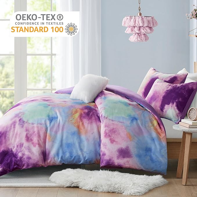Intelligent Design Duvet Cover King Bedding Sets for Girls & Boys Watercolor Tie Dye King Duvet Cover Set Kids, Microfiber King Size Duvet Cover Set, Pillow Cassiopeia, King/Cal King Lavender 4 Piece - LeafyLoom