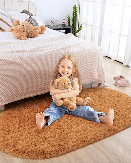 Merelax Soft Shaggy Rug for Kids Bedroom Oval 2.6'x5.3' Khaki Plush Fluffy Carpet for Living Room, Furry Carpet for Teen Girls Room, Anti-skid Fuzzy Comfy Rug for Nursery Decor Cute Baby Play Mat - LeafyLoom