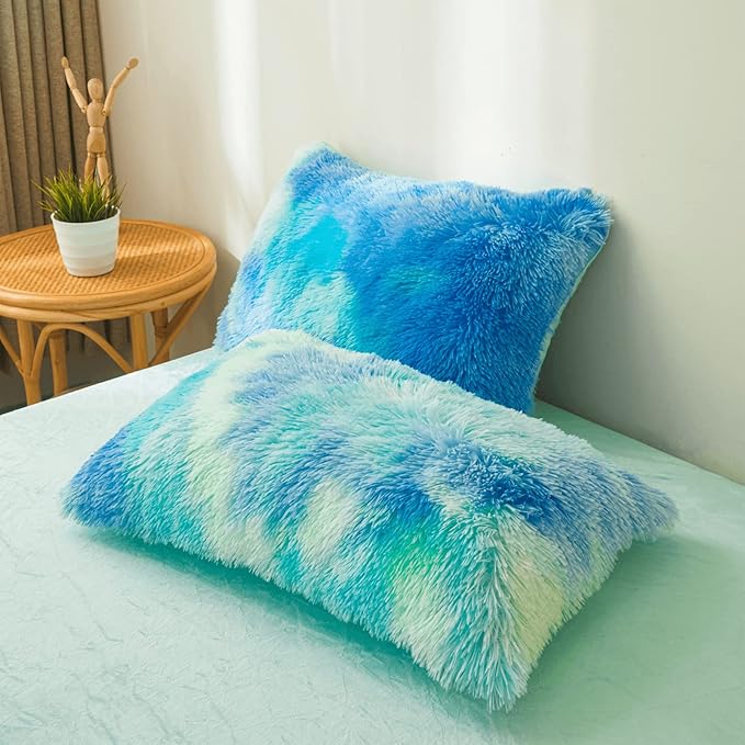 Tie dye Plush Fluffy Comforter Cover Set Queen - Ultra Soft Faux Fur tie dye Bedding Sets 3 Pieces (1 Shaggy Duvet Cover + 2 Pillow case) Fluffy Bed Set (Tie Dye Mint, Queen) - LeafyLoom
