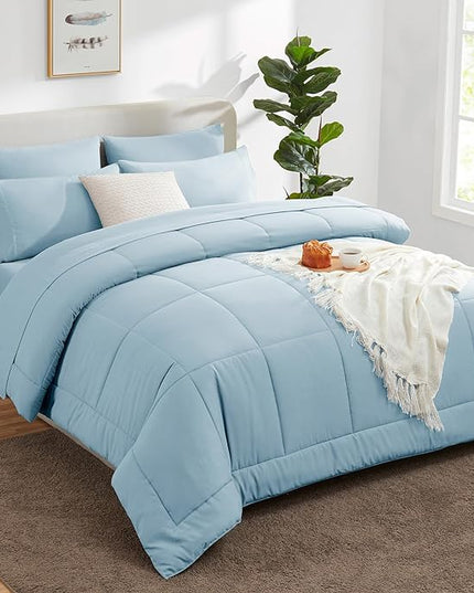 CozyLux Full Size Comforter Sets - 7 Pieces Bed in a Bag Set Light Blue, Bedding Sets Full with All Season Quilted Comforter, Flat Sheet, Fitted Sheet, Pillowcases, Light Blue, Full - LeafyLoom