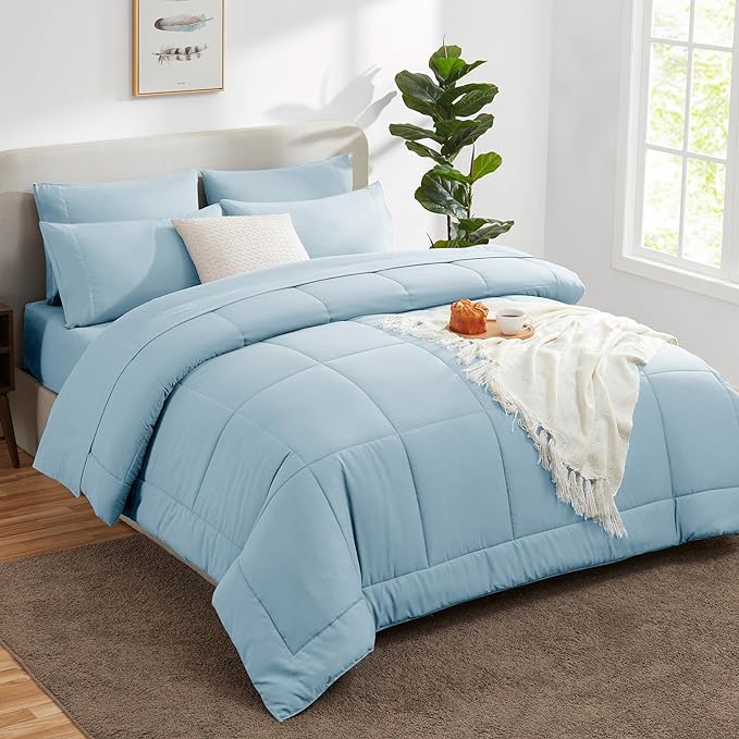 CozyLux Full Size Comforter Sets - 7 Pieces Bed in a Bag Set Light Blue, Bedding Sets Full with All Season Quilted Comforter, Flat Sheet, Fitted Sheet, Pillowcases, Light Blue, Full - LeafyLoom