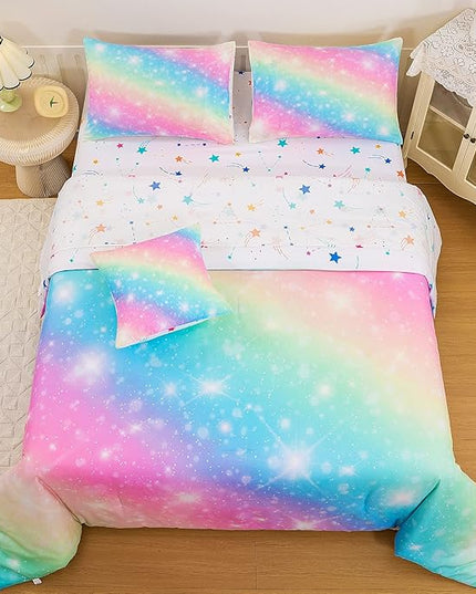 6 Pcs Bed in A Bag Glitter Galaxy Comforter Set Twin Size, Ombre Pink Rainbow Bedding Sets with Sheets for Girls - LeafyLoom
