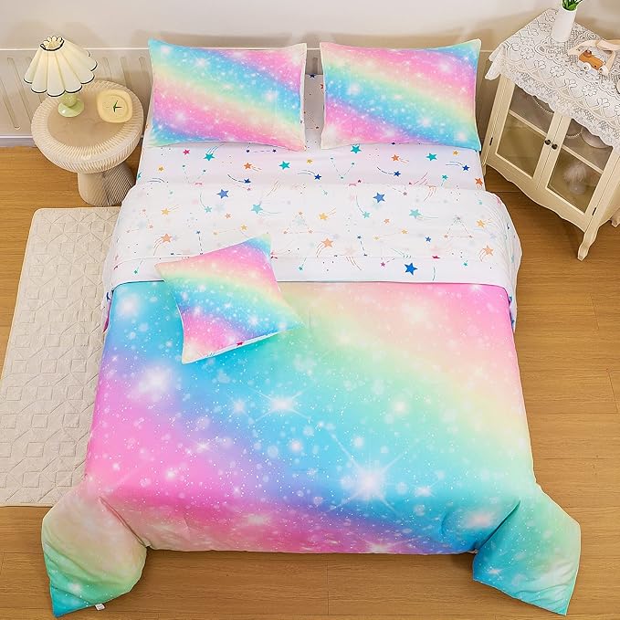 6 Pcs Bed in A Bag Glitter Galaxy Comforter Set Twin Size, Ombre Pink Rainbow Bedding Sets with Sheets for Girls - LeafyLoom