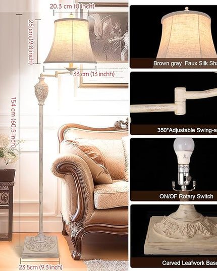 Traditional LED Floor Lamp with 350° Adjustable Swing Arm Lamp – Vintage Pole lamp Swing arm for Living Room, Bedroom and Office – Rustic Upright Floor Light for Home Décor with Silk Fabric Shade - LeafyLoom
