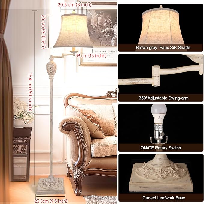 Traditional LED Floor Lamp with 350° Adjustable Swing Arm Lamp – Vintage Pole lamp Swing arm for Living Room, Bedroom and Office – Rustic Upright Floor Light for Home Décor with Silk Fabric Shade - LeafyLoom