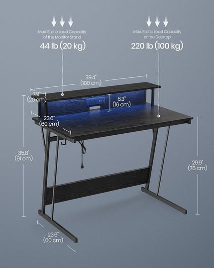 VASAGLE LED Gaming Desk with Power Outlets, Computer Desk with USB Ports, Office Desk with Monitor Stand for 2 Monitors, with Hooks, for Bedroom, 23.6 x 39.4 x 29.5 Inches Ebony Black ULWD091B56 - LeafyLoom