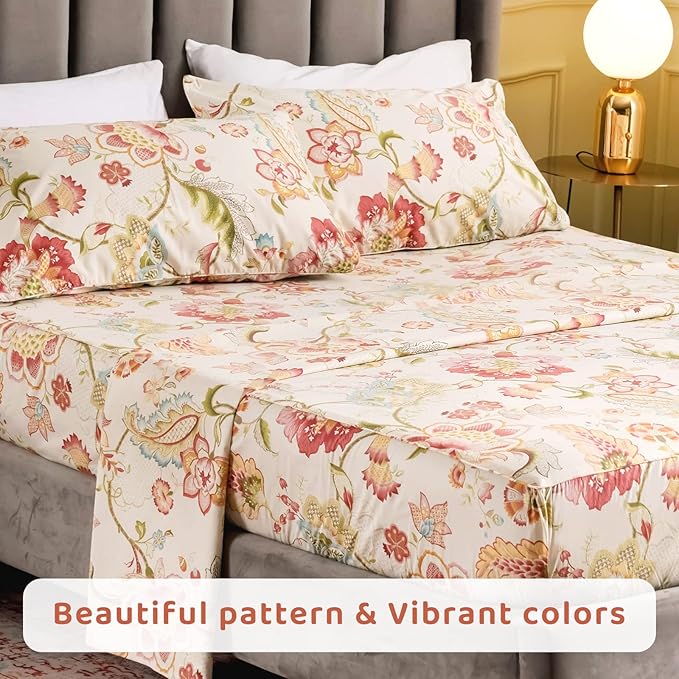 QSH Floral Bed Sheets Set - Queen Size Boho Lotus Print Bed Sheet Set - Extra Soft and Breathable 100% Egyptian Cotton - Farmhouse Bedding - 4 pcs Deep Pockets Flower Bed Sheets - LeafyLoom