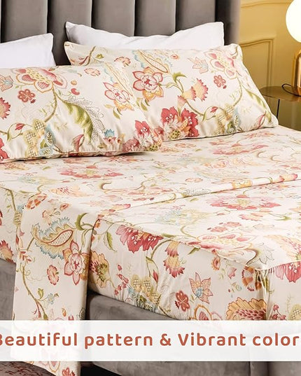 QSH 100% Egyptian Cotton Sheets Cal King Size, Red Yellow Flowers Leaves Pattern Botanical Printed Flower Bedding Sheets, 4pcs Deep Pocket Bed Sheet Set - LeafyLoom