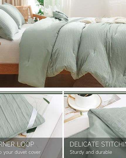 Sage Green Seersucker Comforter Set Full Size (79x90 in), 3 Pieces Soft Crinkled Textured Comforter with 2 Pillowcases, Lightweight Microfiber Down Alternative Bedding Set for All Season - LeafyLoom
