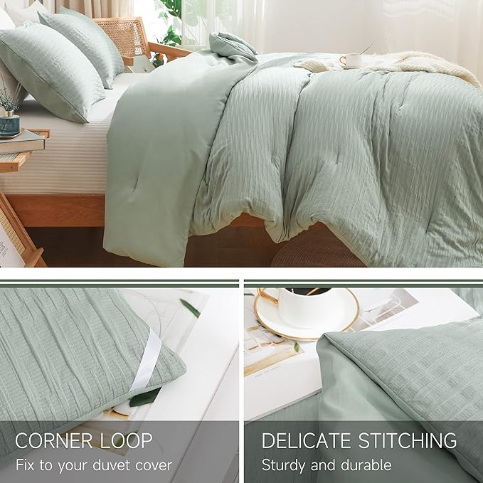 Sage Green Seersucker Comforter Set Full Size (79x90 in), 3 Pieces Soft Crinkled Textured Comforter with 2 Pillowcases, Lightweight Microfiber Down Alternative Bedding Set for All Season - LeafyLoom
