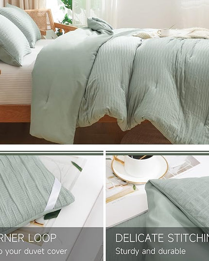 Sage Green Seersucker Comforter Set Twin Size (66x90 in), 2 Pieces Soft Crinkled Textured Comforter with 1 Pillowcase, Lightweight Microfiber Down Alternative Bedding Set for All Season - LeafyLoom