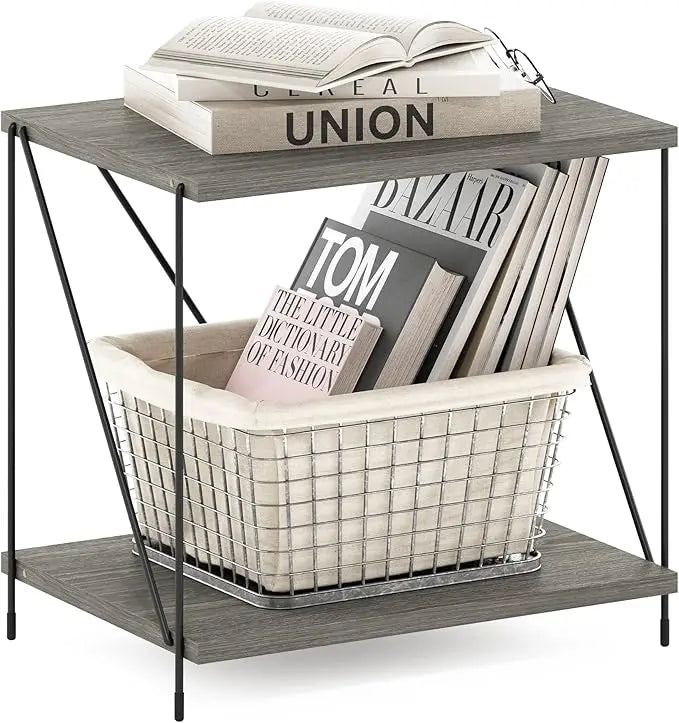 Furinno Besi Industrial Multipurpose Side Table with Metal Frame, Finn Oak - LeafyLoom