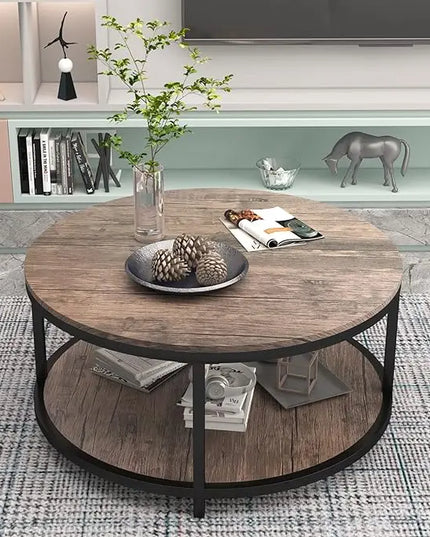 Round Coffee Table, 36" Coffee Table for Living Room, 2-Tier Rustic Wood Desktop with Storage Shelf Modern Design Accent Center Table Industrial Sofa Table Home Furniture(Walnut) - LeafyLoom
