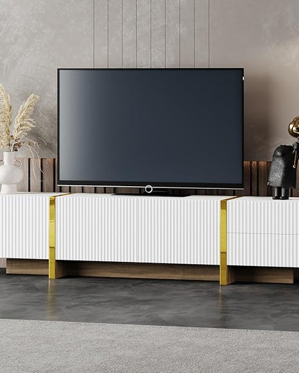 Merax Luxury Fluted TV Stand for Televisions Up to 80'', Modern Entertainment Center with Storage Cabinets & Drawers and Golden Wood Grain Legs, Smooth Media Console, for Living Room, White - LeafyLoom