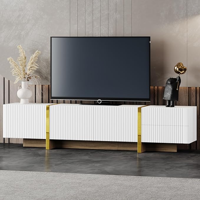 Merax Luxury Fluted TV Stand for Televisions Up to 80'', Modern Entertainment Center with Storage Cabinets & Drawers and Golden Wood Grain Legs, Smooth Media Console, for Living Room, White - LeafyLoom