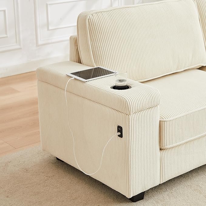 Modern Living Room Upholstered 3 Seater Sofa Couch Deep Seat Soft Corduroy Sofa&Couch with Storage Armrests, 2 Cupholders, Type-C and USB Charging Ports for Home, Apartment, Office - LeafyLoom