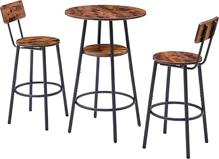 NicBex Small Dining Table for 2 Kitchen Table Set Round Bar Stool Set with Shelves, Stool with Backrest for Kitchen, Dining Room, Small Space, Extra Storage Rack, Rustic Brown - LeafyLoom