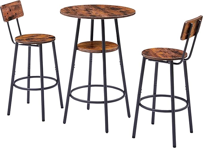 NicBex Small Dining Table for 2 Kitchen Table Set Round Bar Stool Set with Shelves, Stool with Backrest for Kitchen, Dining Room, Small Space, Extra Storage Rack, Rustic Brown - LeafyLoom