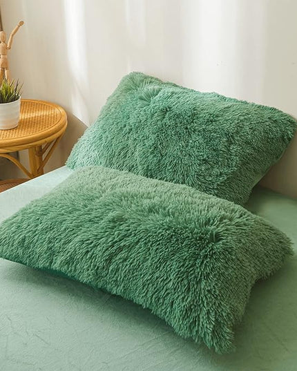 FOPPA Green Plush Comforter Cover Set Queen - Ultra Soft Faux Fur Green Bedding Sets 3 Pieces (1 Fluffy Duvet Cover + 2 Shaggy Pillow case) Fluffy Bed Set (Green, Queen) - LeafyLoom