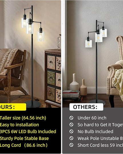 3-Lights Floor Lamp with On/Off Foot Switch, Farmhouse Glass Floor Lamp Tall Pole Lamp for Living Room Bedroom Office，Industrial Black Tree Standing Lamp, LED 3 Bulbs Included - LeafyLoom