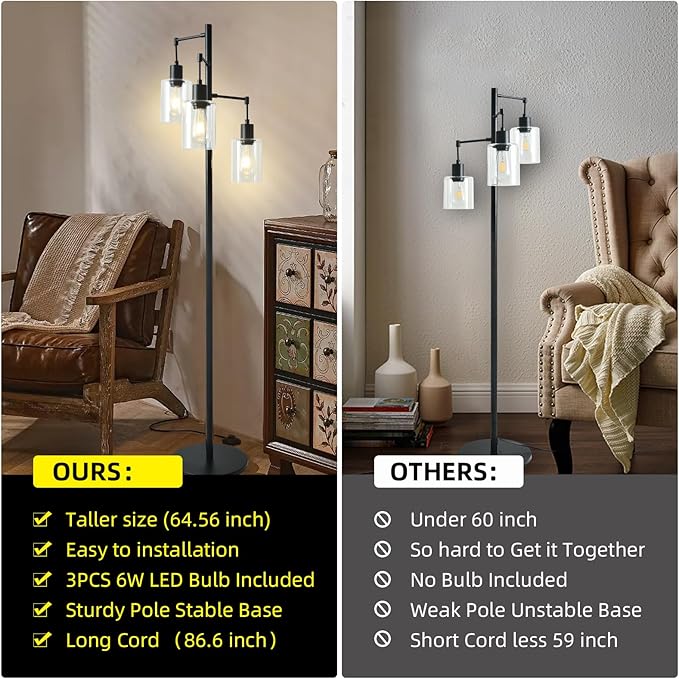 3-Lights Floor Lamp with On/Off Foot Switch, Farmhouse Glass Floor Lamp Tall Pole Lamp for Living Room Bedroom Office，Industrial Black Tree Standing Lamp, LED 3 Bulbs Included - LeafyLoom