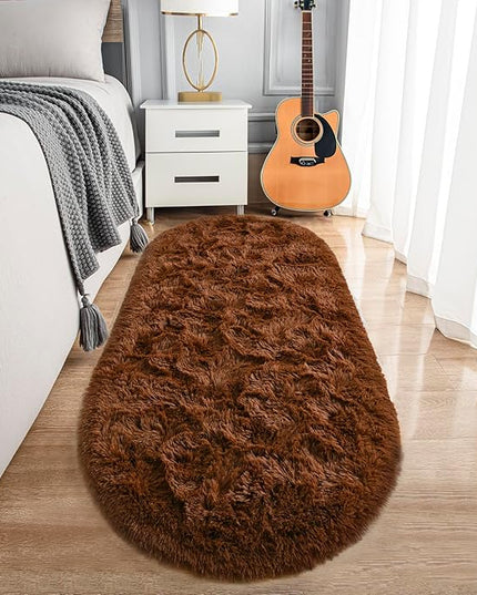 Noahas Ultra Soft Fluffy Bedroom Rugs,2.6' X 5.3' Oval Coffee Fluffy Rugs for Bedroom,Small Throw Rugs, Kids Room Carpet Modern Shaggy Area Rugs Home Decor - LeafyLoom