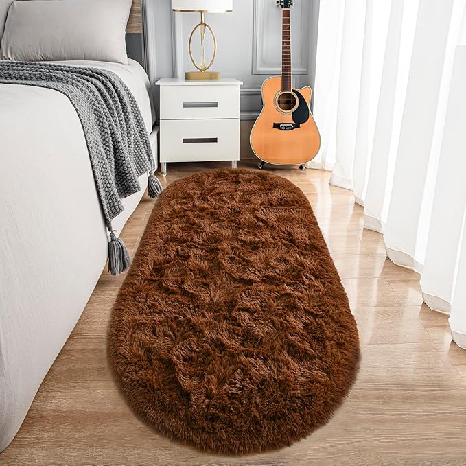Noahas Ultra Soft Fluffy Bedroom Rugs,2.6' X 5.3' Oval Coffee Fluffy Rugs for Bedroom,Small Throw Rugs, Kids Room Carpet Modern Shaggy Area Rugs Home Decor - LeafyLoom