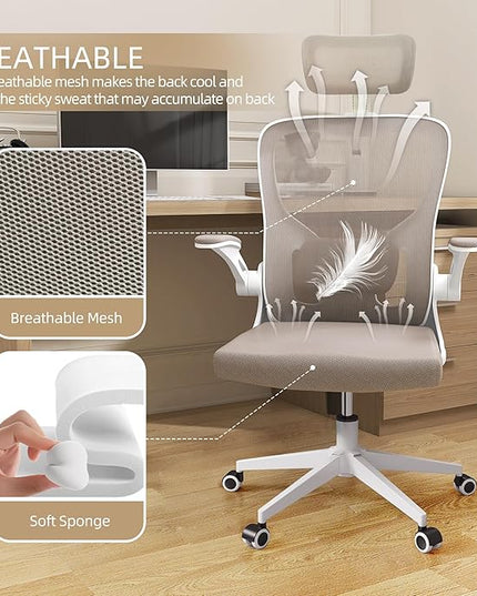 Ergonomic Office Chair, High Back Mesh Computer Desk Chair with Flip-up Arms, Adjustable Lumbar Support & Headrest, Swivel Rolling Task Chair for Home Office, Bedroom, Study, College Dorm khaki - LeafyLoom