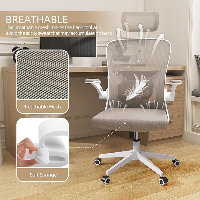 Ergonomic Office Chair, High Back Mesh Computer Desk Chair with Flip-up Arms, Adjustable Lumbar Support & Headrest, Swivel Rolling Task Chair for Home Office, Bedroom, Study, College Dorm khaki - LeafyLoom