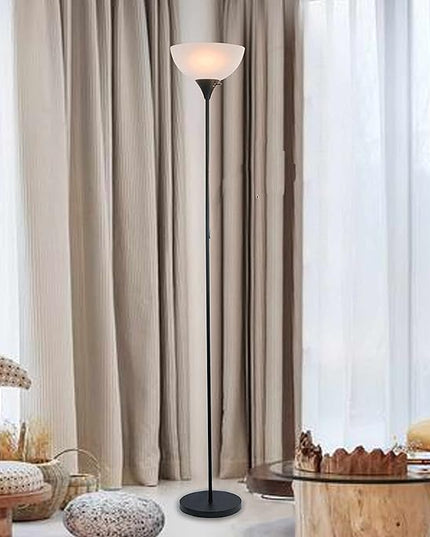 LIGHTACCENTS Stand Up Floor Lamp in Black - Modern Corner Light with White Opal Bowl Shade - Susan Design, Ideal for Living Room or Office, 72" Tall, 150-watt - Chic Living Room Floor Lamp Black - LeafyLoom
