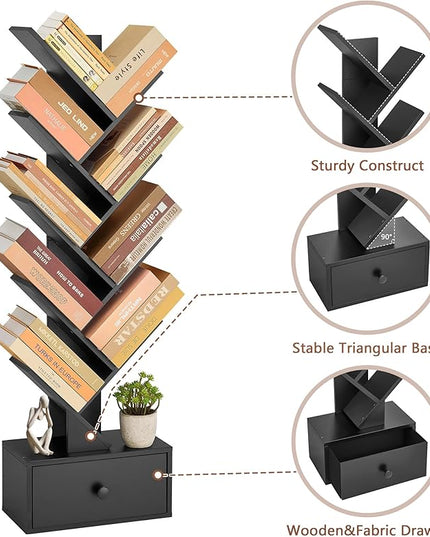 9 Tier Tree Bookshelf, Tree Bookcase with Drawer, Floor Standing Tall Wood Bookshelves, Modern Book Organizer for Living Room, Bedroom, Home Office, Black - LeafyLoom