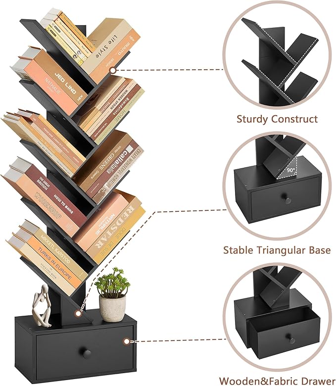 9 Tier Tree Bookshelf, Tree Bookcase with Drawer, Floor Standing Tall Wood Bookshelves, Modern Book Organizer for Living Room, Bedroom, Home Office, Black - LeafyLoom