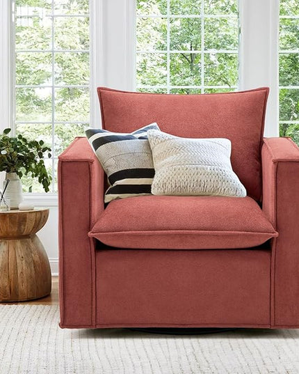 Swivel Accent Chair, 34 Inches Wide Upholstered Arm Chair with Plump Back Pillow, Modern Sofa Living Room Chair for Bedroom, Corner, Reading Nook-Red - LeafyLoom