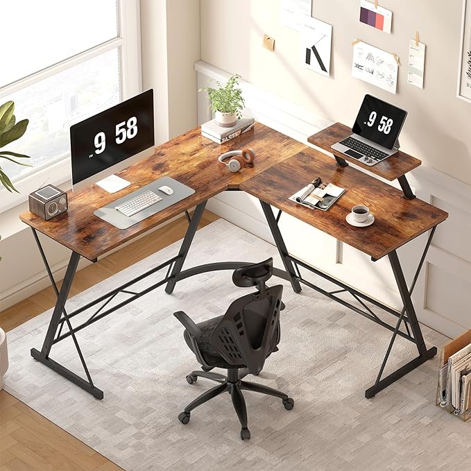 Mr IRONSTONE L Shaped Computer Desk: Corner Desk, Home Office Desk, Gaming Writing Workstation with Large Monitor Stand, Easy to Assemble (Rustic Brown,51 Inch) - LeafyLoom