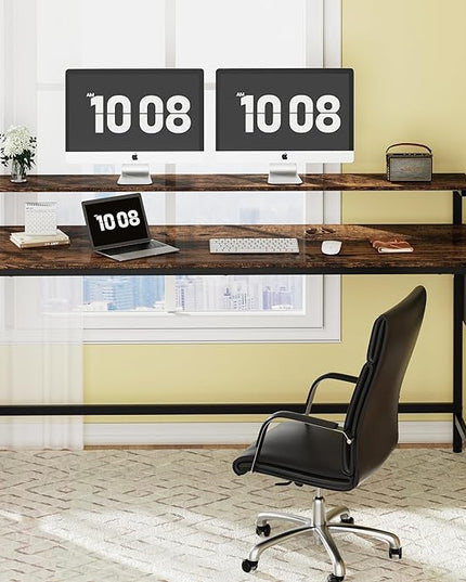 Shintenchi 63 inch Computer Desk with Monitor Stand, Stable Design Writing Desk, Study Workstation Home Office Table with Storage Bag & Hook, Vintage Brown - LeafyLoom