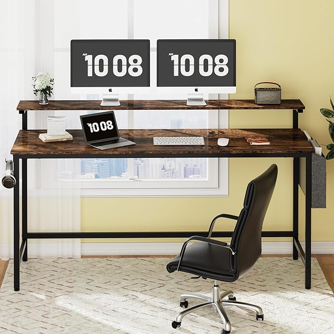 Shintenchi 63 inch Computer Desk with Monitor Stand, Stable Design Writing Desk, Study Workstation Home Office Table with Storage Bag & Hook, Vintage Brown - LeafyLoom