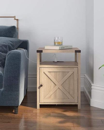 Farmhouse Nightstand with Charging Station, Rustic End Table Bedroom with Storage Living Room Side Table Beige Night Stand Industrial Bedside Bed Table with USB Ports and Outlets - LeafyLoom